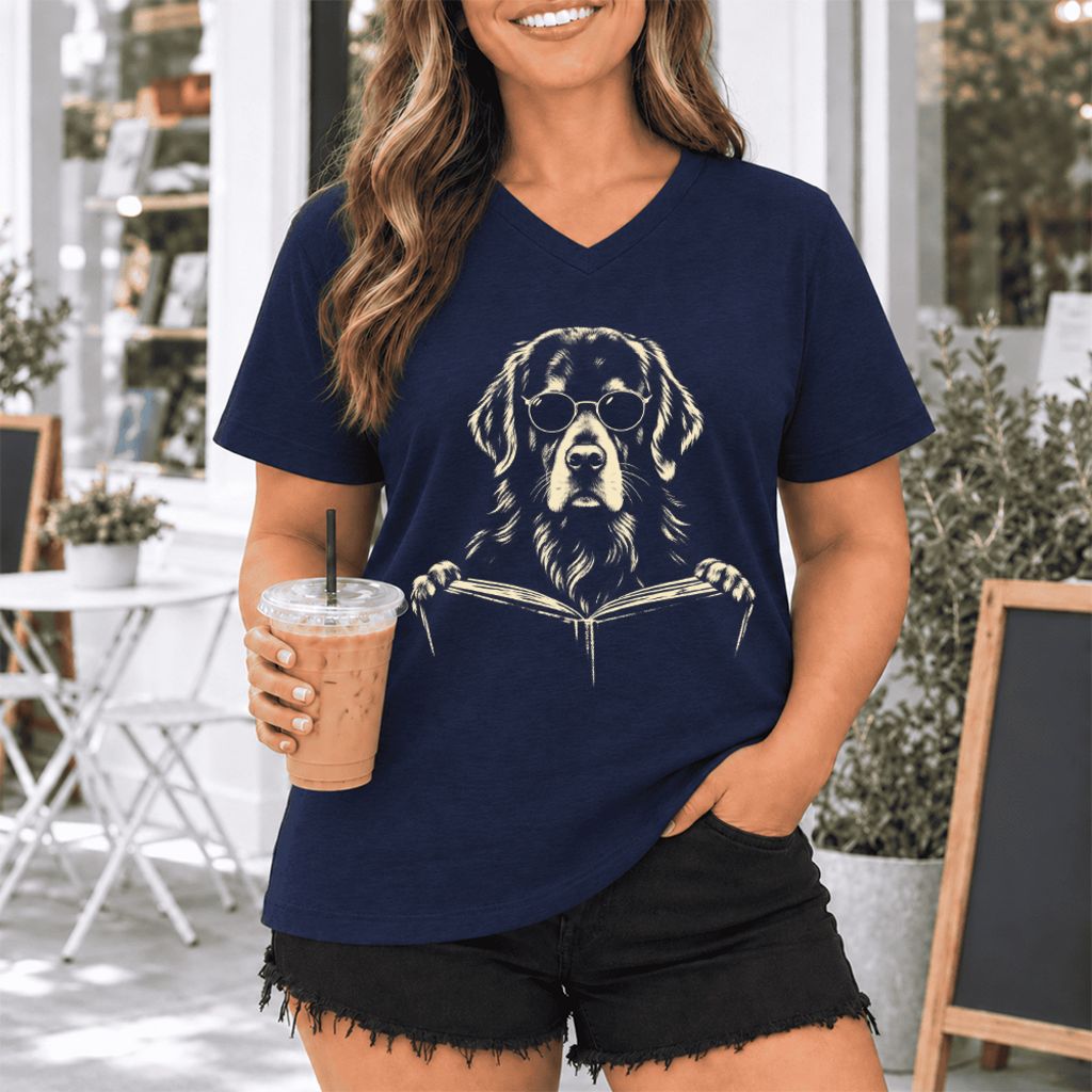 Golden Retriever Reading Book Ultra-Soft V-Neck | Dog Mom Reader Gift Navy