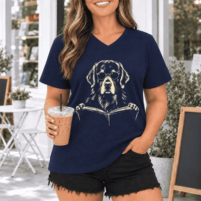 Golden Retriever Reading Book Ultra-Soft V-Neck | Dog Mom Reader Gift Navy