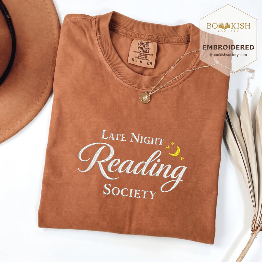 Late Night Reading Society Embroidered Comfort Color® T-shirt | Book Lover Gift Yam