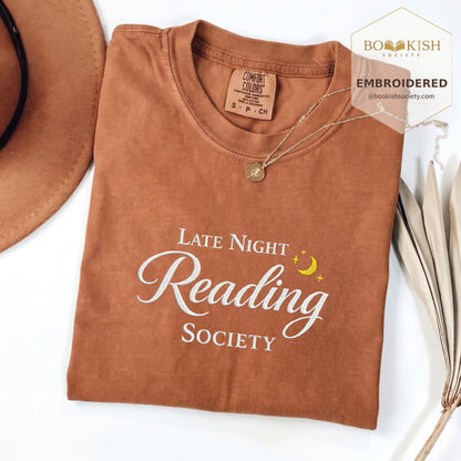 Late Night Reading Society Embroidered Comfort Color® T-shirt | Book Lover Gift Yam