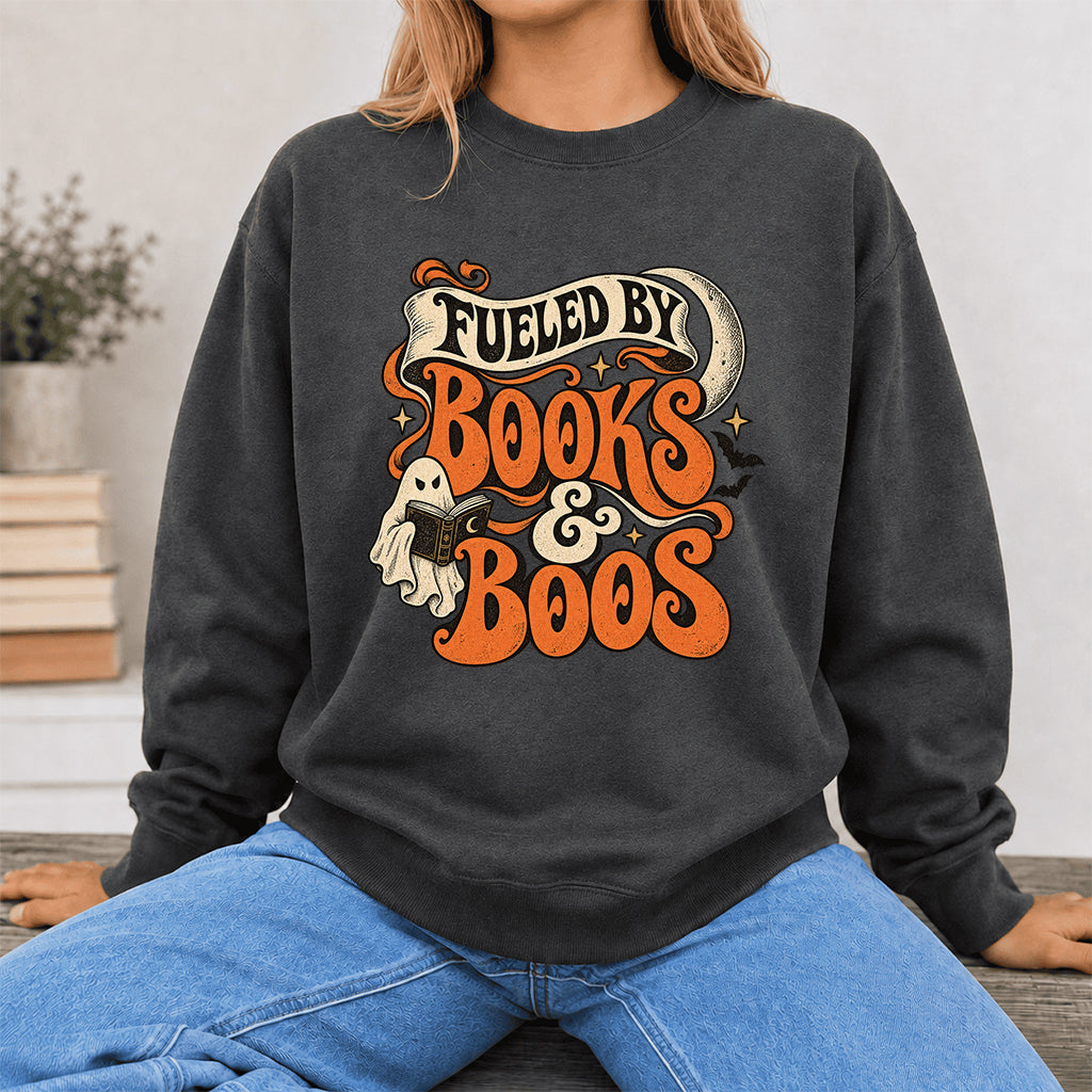 Fueled By Books & Boos Printed Sweatshirt | Halloween Book Lover Gift Dark Heather
