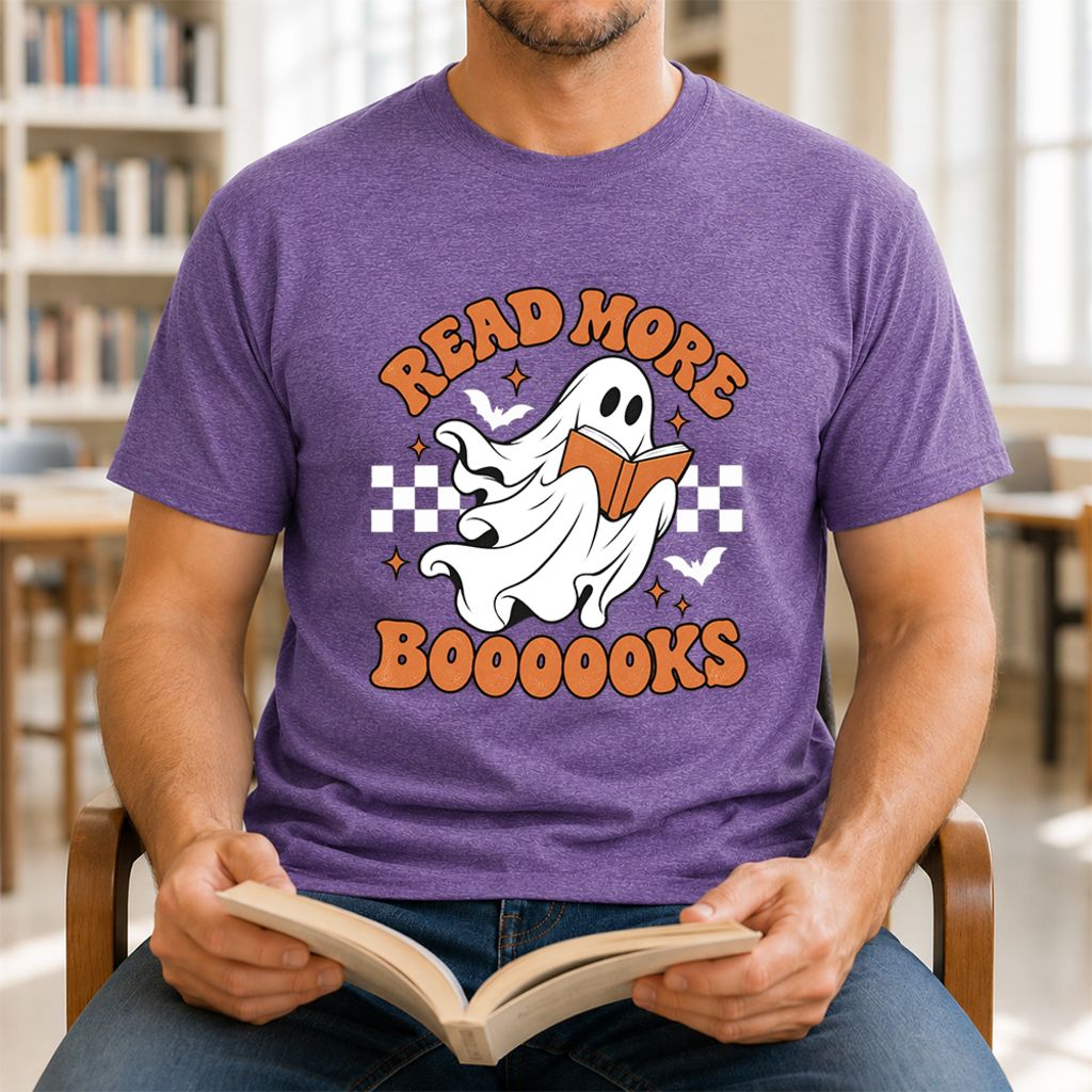 Read More Books Flying Ghost Printed T-Shirt | Halloween Book Lover Gift Heather Purple