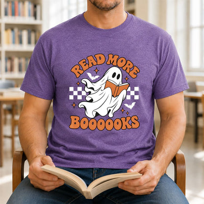 Read More Books Flying Ghost Printed T-Shirt | Halloween Book Lover Gift Heather Purple