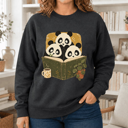 Curious Pandas Reading Crewneck Sweatshirt | Panda Lover & Reader Gift Dark Heather