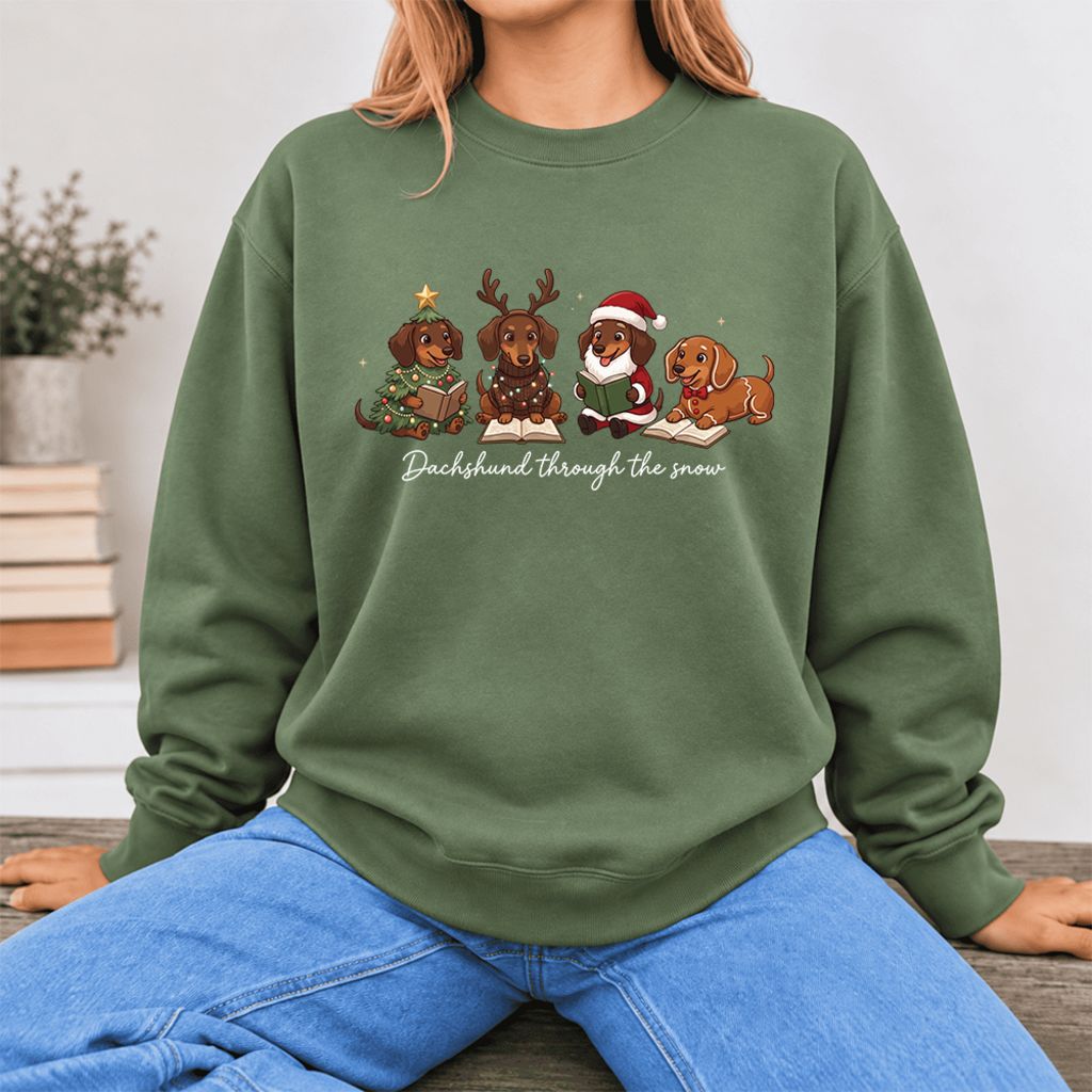 Dachshund Through The Snow Softstyle Sweatshirt | Christmas Book Lover Gift Military Green