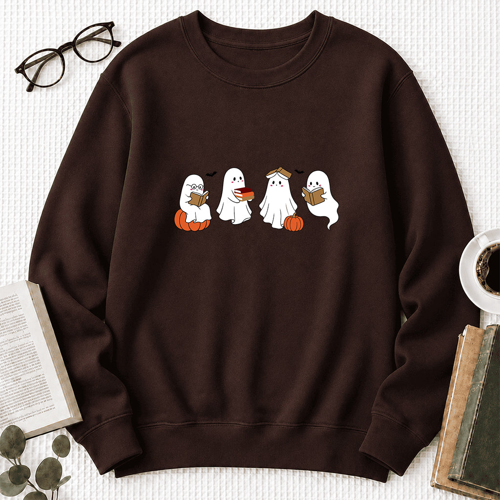 Halloween Ghosts Reading Printed Sweatshirt | Spooky Book Lover Gift Dark Chocolate