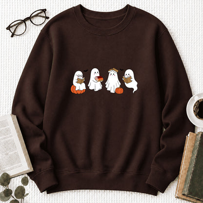 Halloween Ghosts Reading Printed Sweatshirt | Spooky Book Lover Gift Dark Chocolate