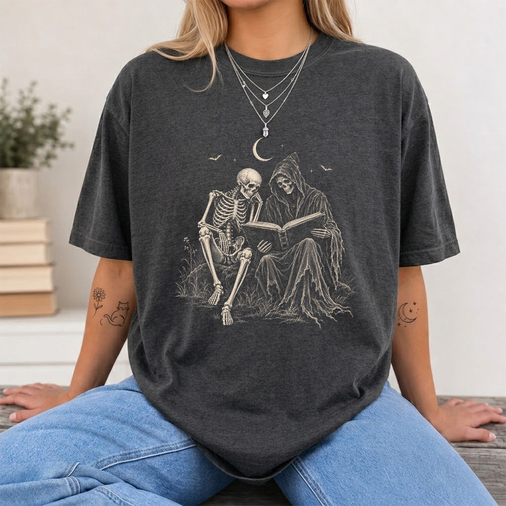 Halloween Reading Buddies Printed T-Shirt | Halloween Book Lover Gift Dark Heather