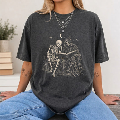 Halloween Reading Buddies Printed T-Shirt | Halloween Book Lover Gift Dark Heather