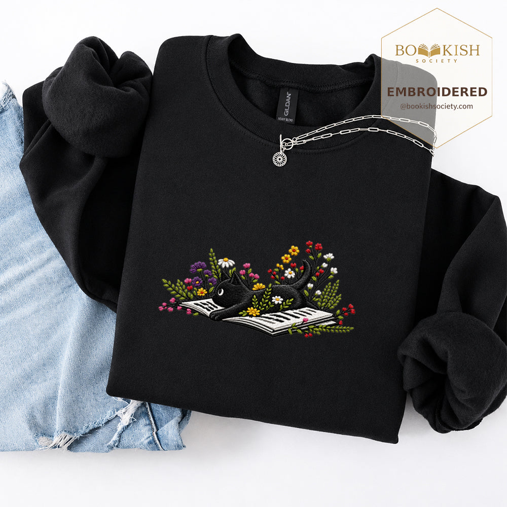 Cat and Book Embroidered Sweatshirt | Reader Gift Black