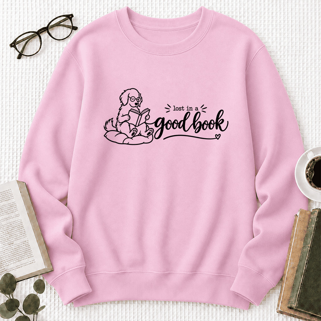 Lost In A Good Book Crewneck Sweatshirt | Dog Lover & Reader Gift Light Pink