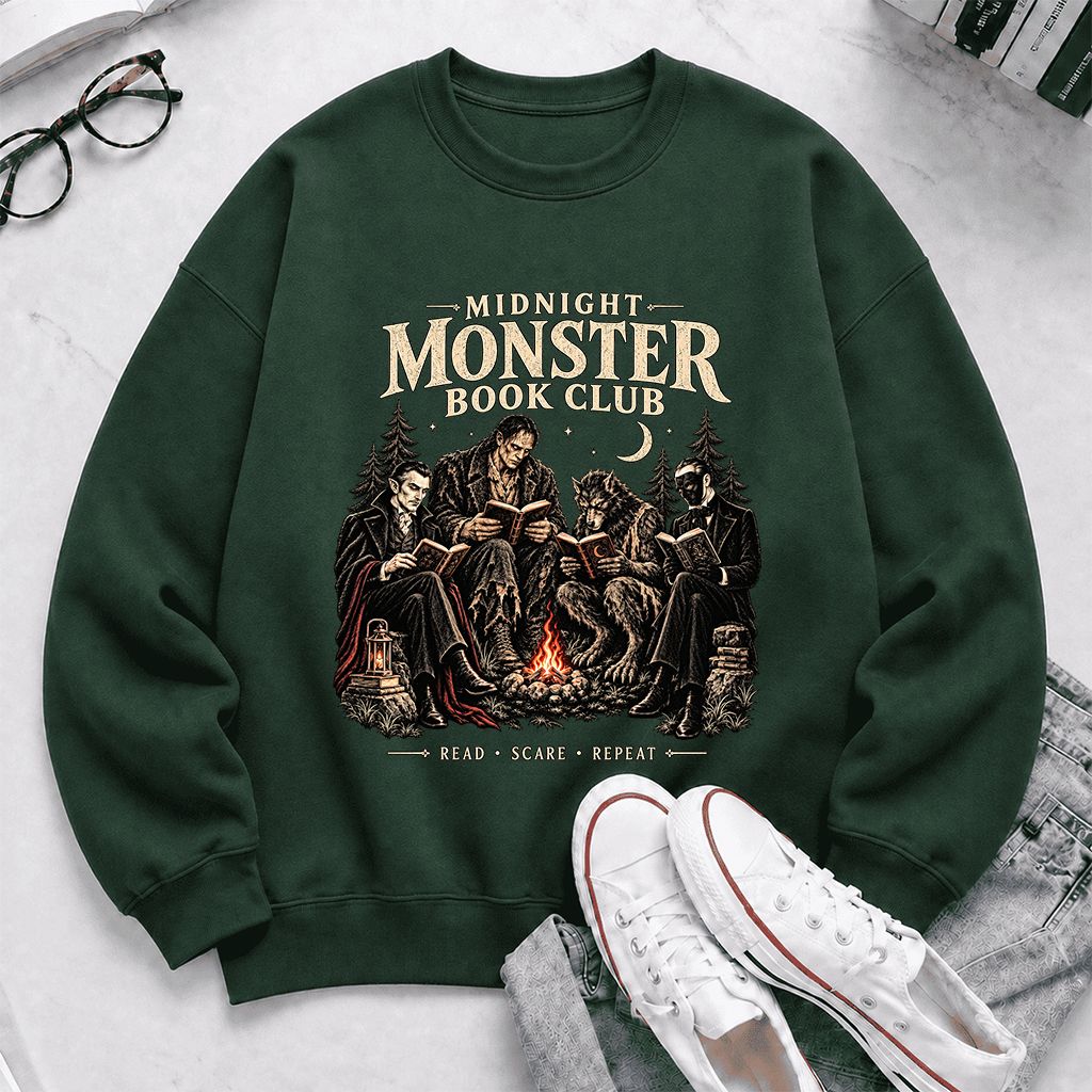Midnight Monster Book Club Printed Sweatshirt | Halloween Book Lover Gift Forest Green