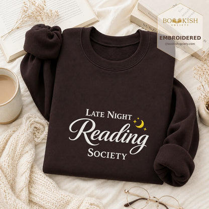 Late Night Reading Society Embroidered Sweatshirt | Reader Gift Dark Chocolate