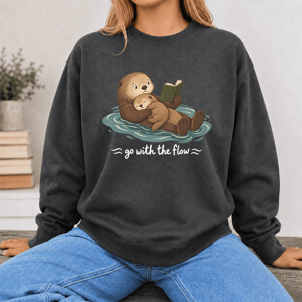 Go With The Flow Otter Reading Crewneck Sweatshirt | Reader Gift Dark Heather