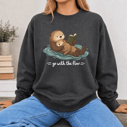 Go With The Flow Otter Reading Crewneck Sweatshirt | Reader Gift Dark Heather