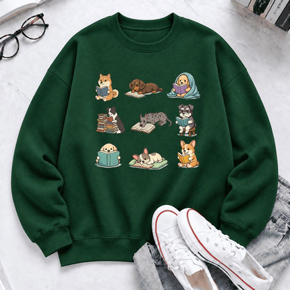 Funny Reading Dogs Embroidered Sweatshirt | Dog Mom Reader Gift Forest Green