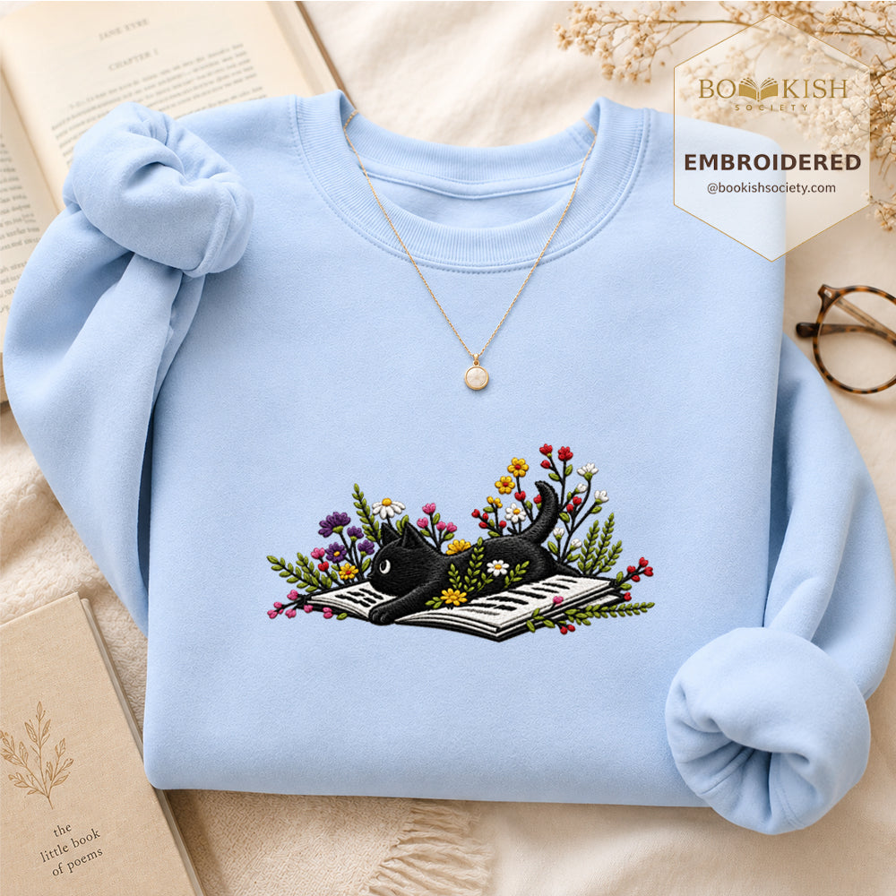 Cat and Book Embroidered Sweatshirt | Reader Gift Light Blue