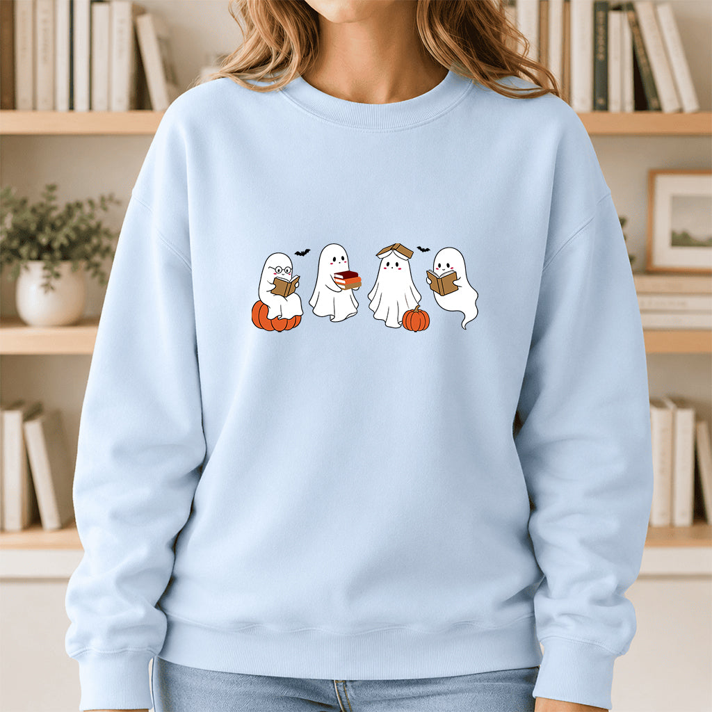 Halloween Ghosts Reading Printed Sweatshirt | Spooky Book Lover Gift Light Blue