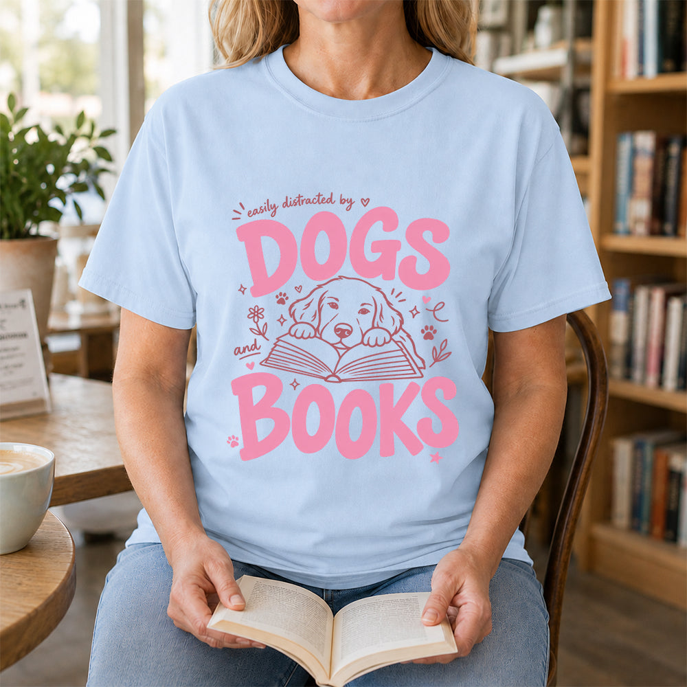 Easily Distracted by Dog and Books Cotton T-Shirt | Dogs Lover & Reader Gift Light Blue
