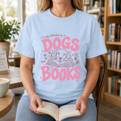 Easily Distracted by Dog and Books Cotton T-Shirt | Dogs Lover & Reader Gift Light Blue