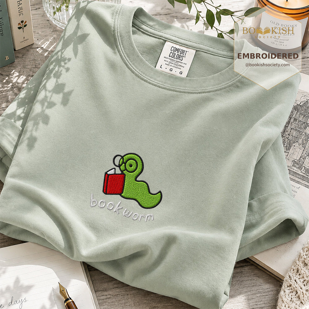 Embroidered Bookworm Comfort Color® T-shirt Book Lover Gift Bay