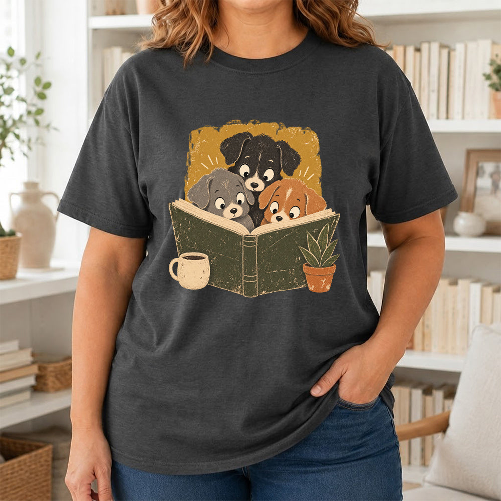 Minimal Japanese Dogs Reading Softstyle T-Shirt | Book Lover Gift Dark Heather