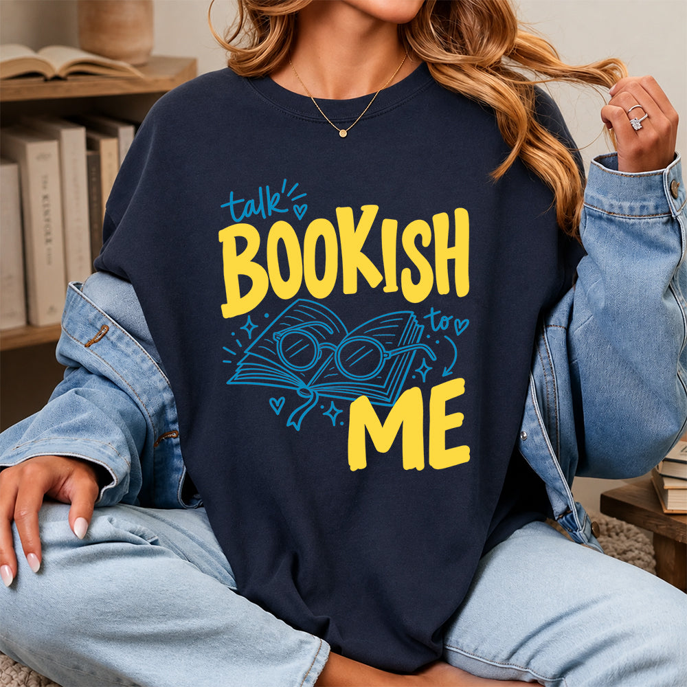 Talk Bookish To Me Cotton T-Shirt | Book Lover Gift Navy
