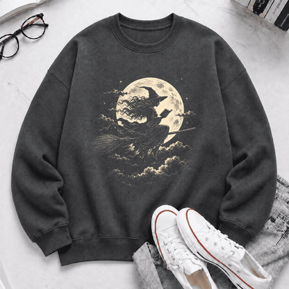 Reading Witch On The Flying Broom Printed Sweatshirt | Halloween Reader Gift Dark Heather