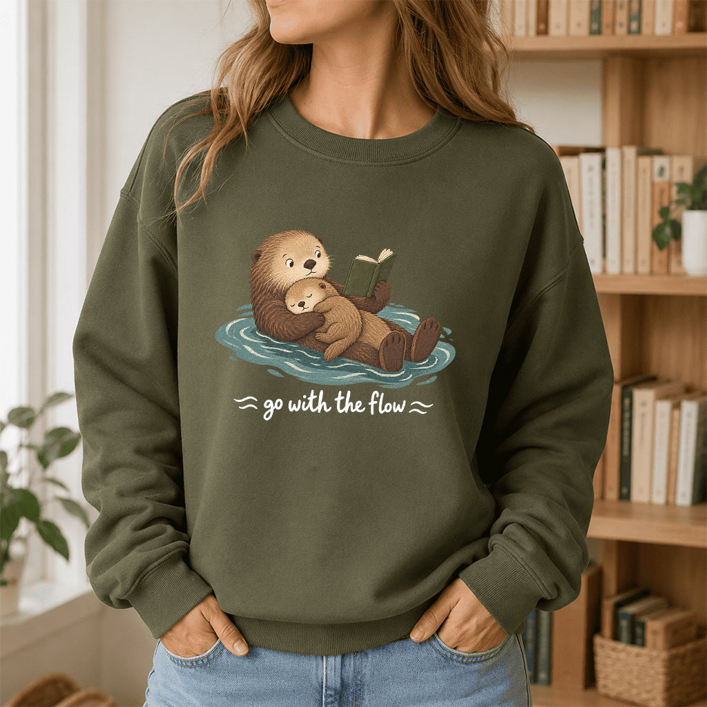 Go With The Flow Otter Reading Crewneck Sweatshirt | Reader Gift Military Green