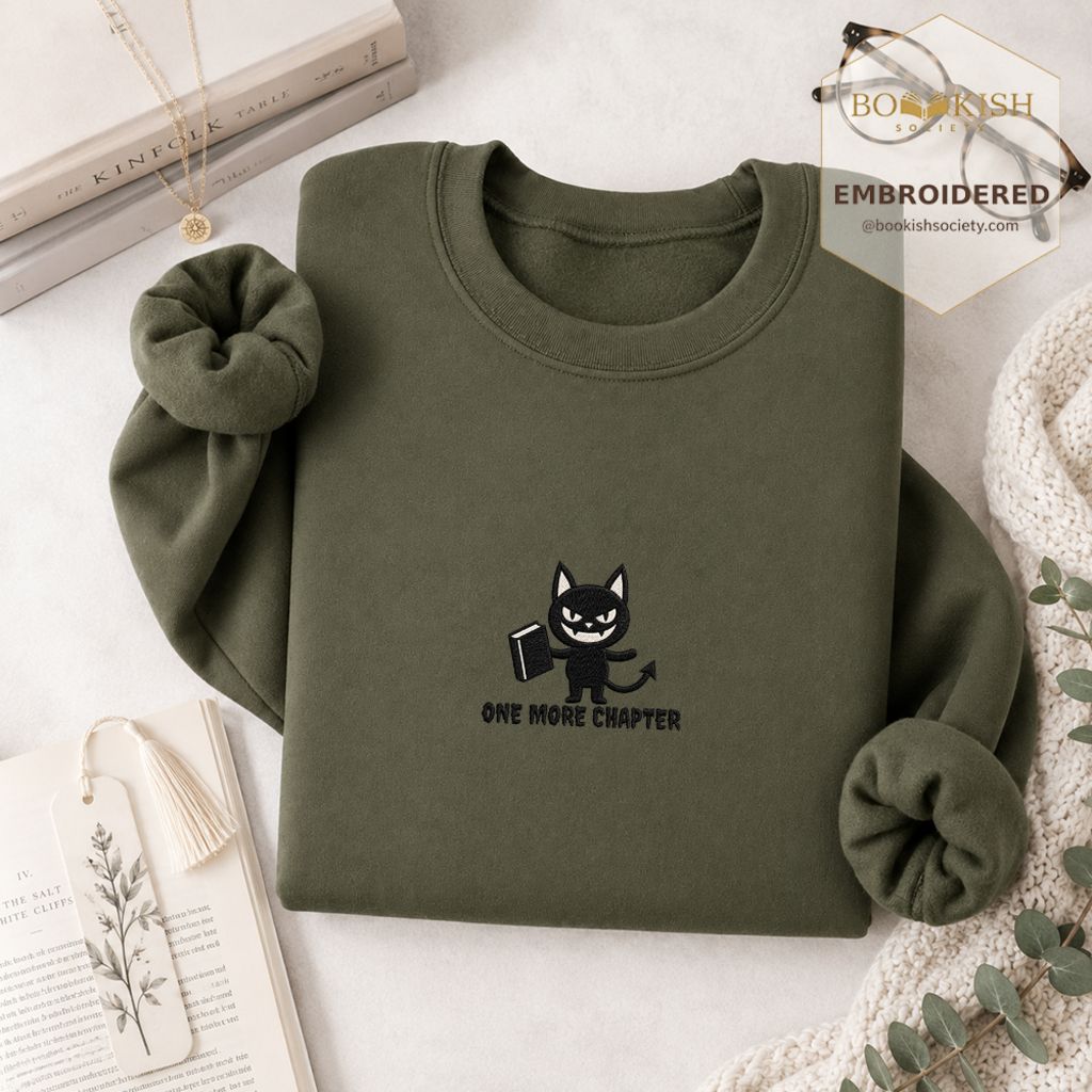 One More Chapter Devil Cat Embroidered Sweatshirt | Halloween Book Lover Gift Military Green