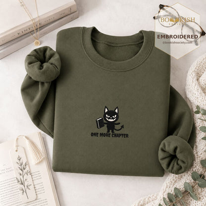 One More Chapter Devil Cat Embroidered Sweatshirt | Halloween Book Lover Gift Military Green