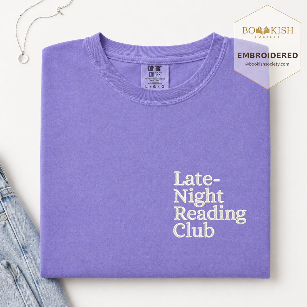 Late Night Reading Club Embroidered Comfort Color® T-shirt | Book Lover Gift Violet