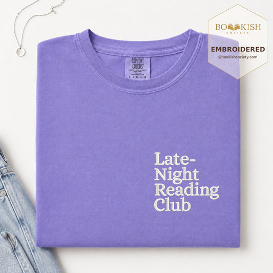 Late Night Reading Club Embroidered Comfort Color® T-shirt | Book Lover Gift Violet