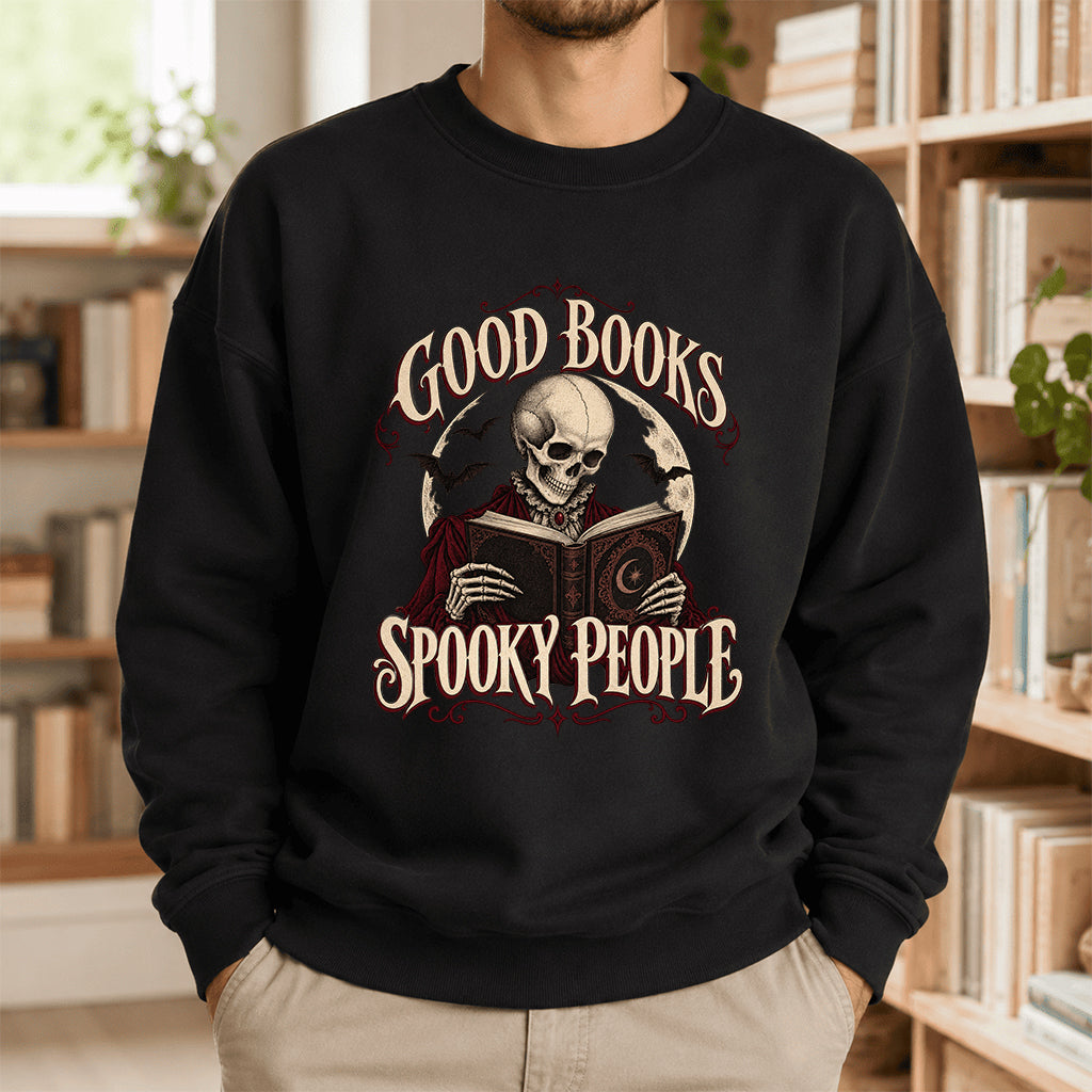 Good Books Spooky People Printed Sweatshirt | Halloween Book Lover Gift Black