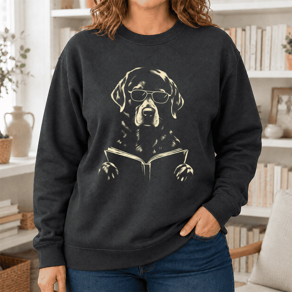 Labrador Retriever Reading Book Crewneck Sweatshirt | Reader Gift Dark Heather