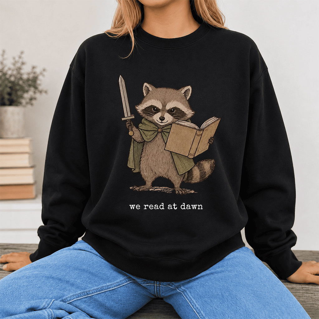 Raccoon We Read At Dawn Crewneck Sweatshirt | Reader Gift Black