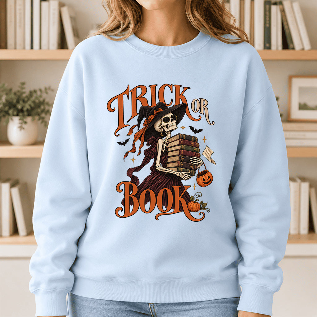 Trick Or Book Printed Sweatshirt | Halloween Book Lover Gift Light Blue