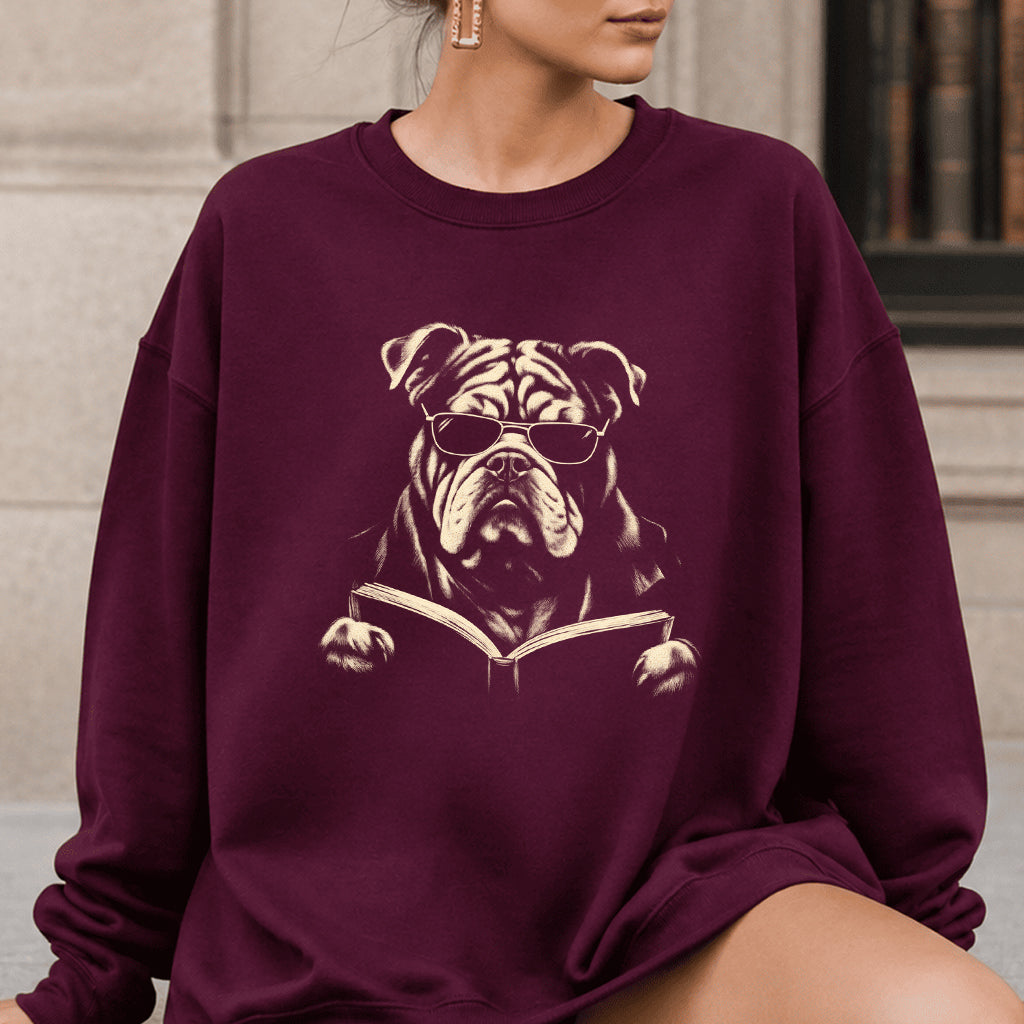 Bulldog Reading Book Crewneck Sweatshirt | Reader Gift Maroon