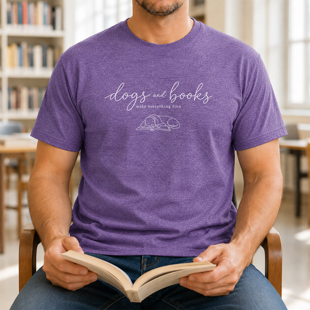 Dogs And Books - Everything Fine Cotton T-Shirt | Dog Lover & Reader Gift Heather Purple