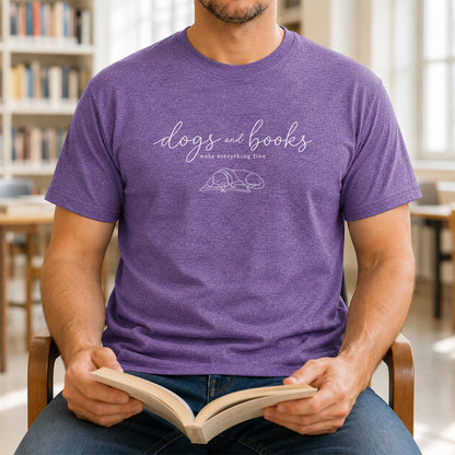 Dogs And Books - Everything Fine Cotton T-Shirt | Dog Lover & Reader Gift Heather Purple