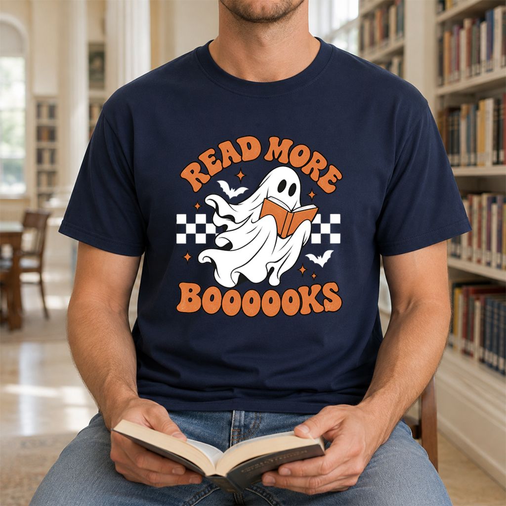 Read More Books Flying Ghost Printed T-Shirt | Halloween Book Lover Gift Navy