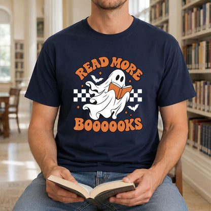 Read More Books Flying Ghost Printed T-Shirt | Halloween Book Lover Gift Navy