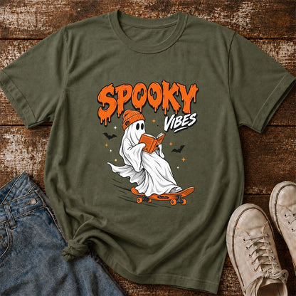 Spooky Vibes Printed T-Shirt | Halloween Book Lover Gift Military Green