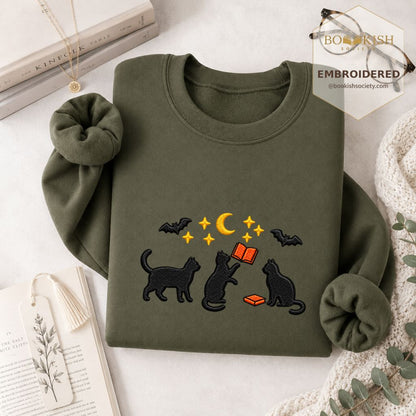 Black Cats With Books Embroidered Sweatshirt | Spooky Reader Gift Military Green