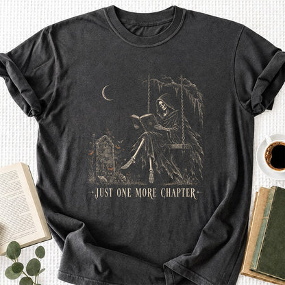 Just One More Chapter Grim Reaper Printed T-Shirt | Spooky Halloween Reader Gift Dark Heather