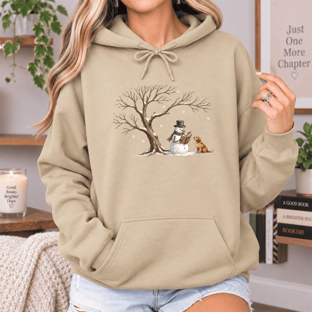 Golden Retriever And Snowman Under Tree Softstyle Hoodie | Christmas Reader Gift Sand