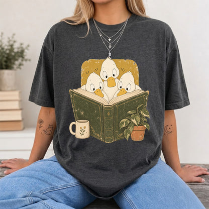 Minimal Japanese Ducks Reading Softstyle T-Shirt | Book Lover Gift Dark Heather