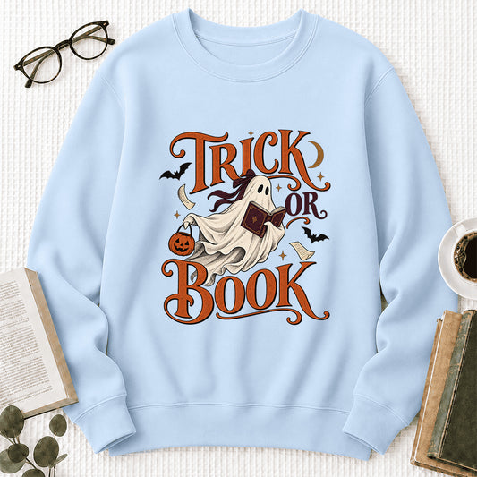 Trick Or Book Reading Ghost Crewneck Sweatshirt | Cozy Halloween Reader Gift Light Blue