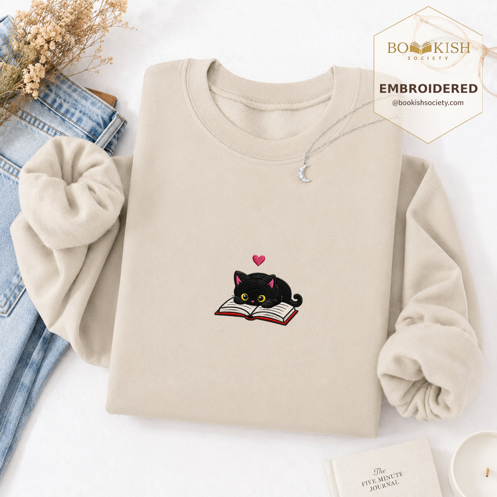 Black Cat and Book Embroidered Sweatshirt | Reader Gift Sand