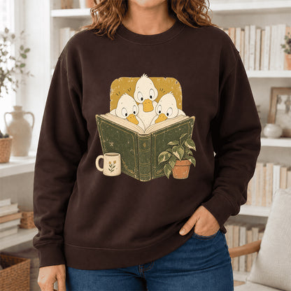 Minimal Japanese Ducks Reading Crewneck Sweatshirt | Reader Gift Dark Chocolate